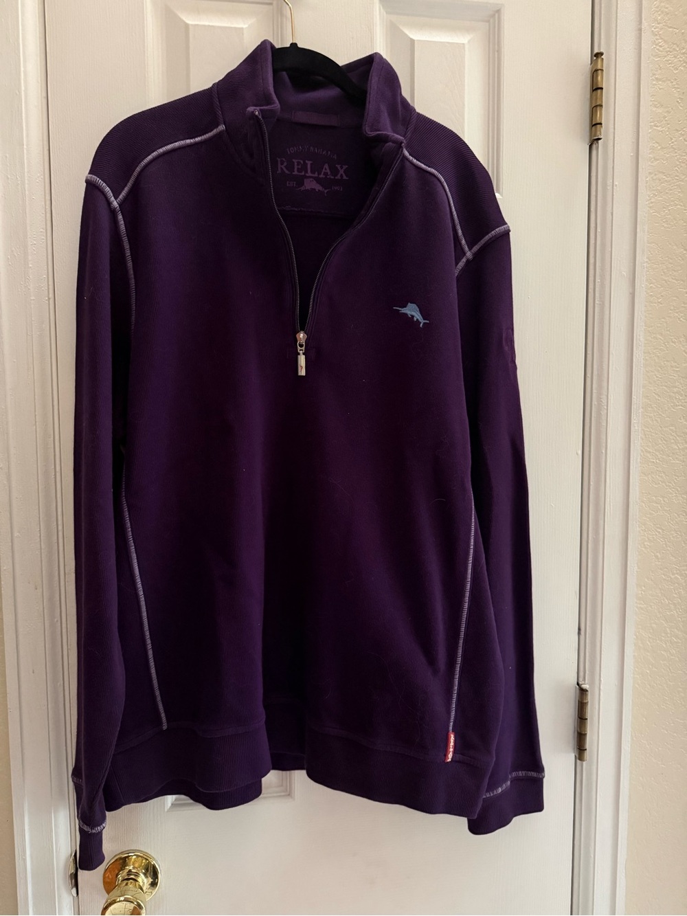 Tommy Bahama Purple Half-Zip Pullover with Contrast Stitching